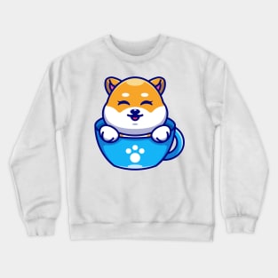 Cute shiba inu dog on cup coffee cartoon Crewneck Sweatshirt